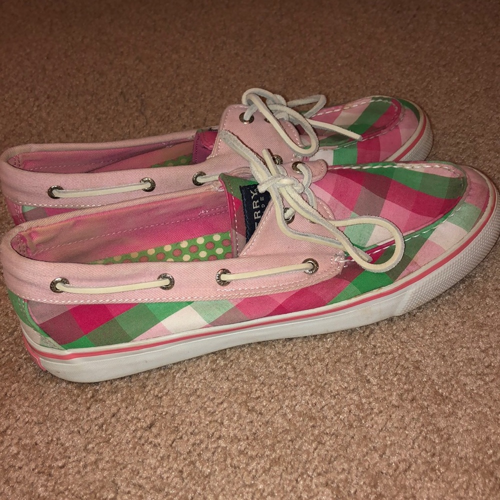 Sperry Pink and Green Plaid Boat Shoes